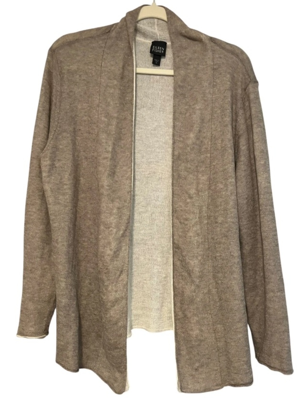 Eileen Fisher Reversible Wool Blend Open Front Cardigan Sweater Tan Cream XL